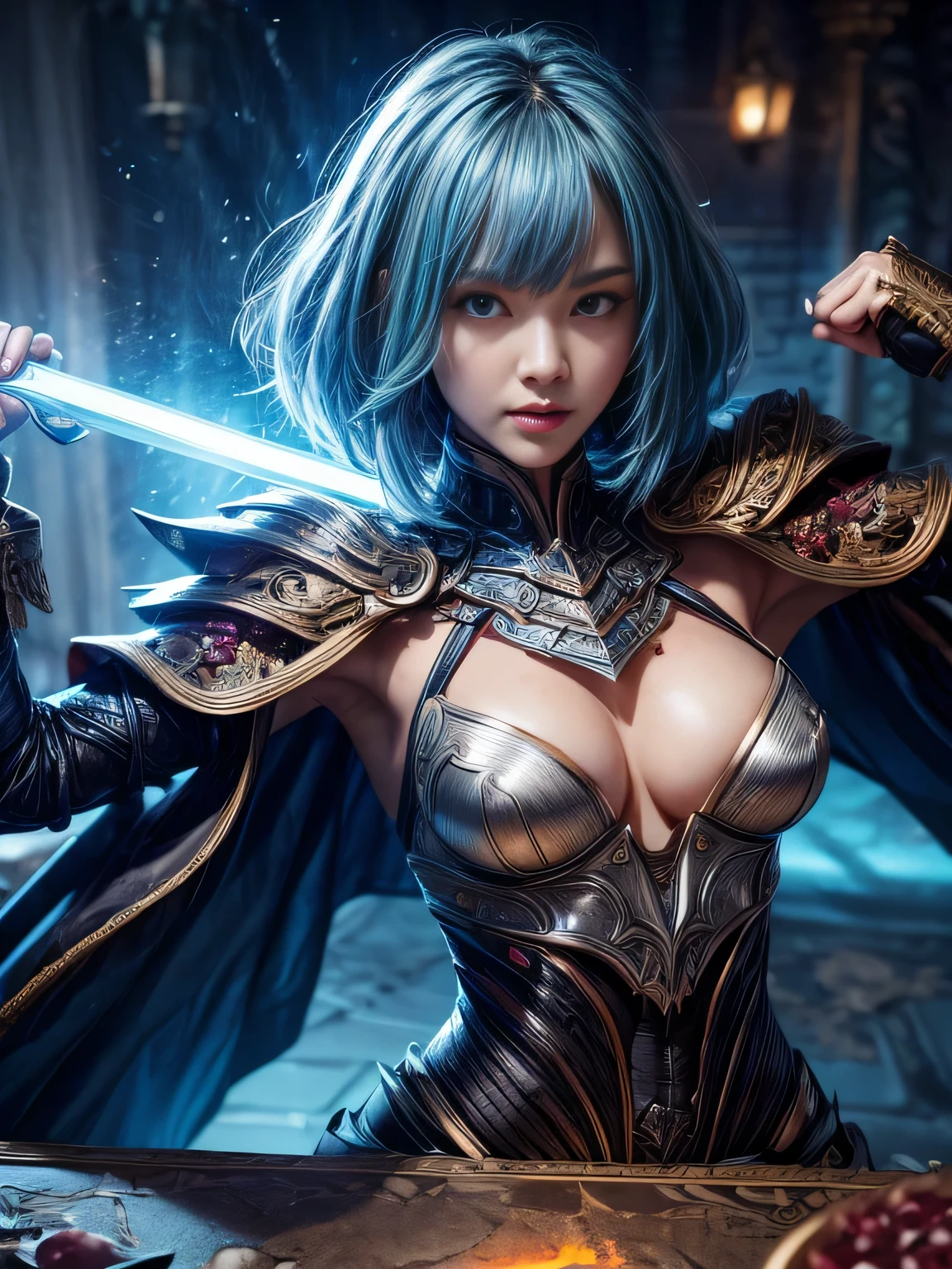 ((Ultra-thin illustration, 8K, Tabletop :1.2, Sharp focus :1.2, Depth of written boundary:1.2)), Beautiful Female Swordsman, Absurd, Highly detailed face and skin texture, blue Hair, Jet Black Armor, Flame Armor, Cloak on Fire, Flaming Sword, Determination to overcome sadness, There is a sign of determination in your kind eyes , Strong Soul, short hair, hands not showing in the photo, arms down