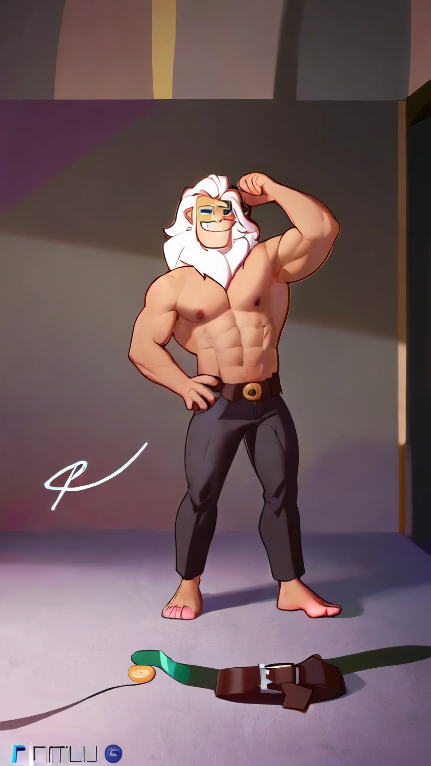 clay_calloway_(sing), (backstage background), (black vest, pale pants, belt:1.1), muscular, (heavyweight, cartoony proportions, cartoony anatomy:1.1), older male, male, white mane, masculine, lion, smile, smug smile, (by rukis, by darkgem, by taran fiddler), perfect colors, perfect shadows, detailed, flirting, looking at camera