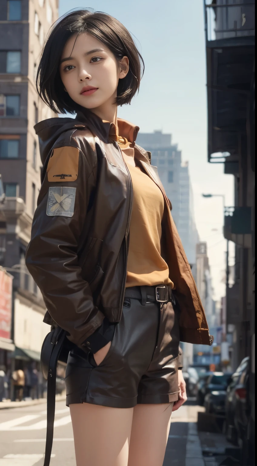Mikasa ackerman, attack On Titan, short black hair, brown clothes, modern city background, detailed hand, detailed face, detailed eyes, ultra-realistic, ultra-detailed, bestquality, masterpiece.
