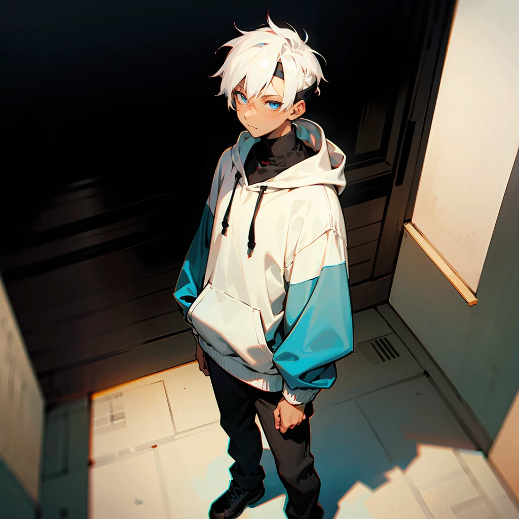 1male, Modern Undercut Hair ,Black Headband,Young Male, Curly White Hair , Pale Blue Eyes , Dark Skin ,Baggy White Turtleneck Hoodie, Calm Expression , Standing on Path