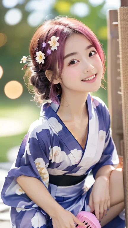 (Masterpiece, Highest quality:1.4), Beautiful face, 8ก, 85mm, nonsense, (Floral Yukata:1.4), face close up, purple, gardenia, delicate young woman, alone, nighttime, See your viewers, upper body, Film texture, Chromatic aberration, Sharp focus, face light, professional lighting, seasoned, (smile:0.4), (simple background, bokeh background:1.2), Details,(((Show me one nipple.:0.57))),((Very young and small:1.2),(pink hair and flowers:1),((Show me your vagina.:1.5)),(Semen flows from the vagina.),(A remote-controlled pink vibrator inserted into the vagina.),(Tears flowing),(squint),