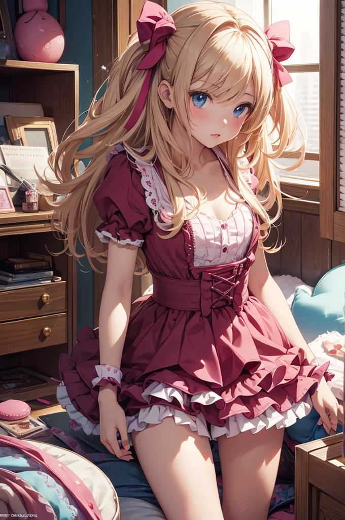(Masterpiece, top quality, absolute resolution, real stick, realistic materials and textures, perfect anatomy), BREAK Subject: Photo girl Subtitle: girls, thighs, small, cute, BREAK pink kawaii room , pink gothic room, messy room, Marchen, macarons, Candy, heart item, ribbon,star item, small window, (Miscellaneous goods are placed in a mess:1.3),dresser, antimacassar , busty, blond hair, topless, naked, blonde hair, blue eyes,