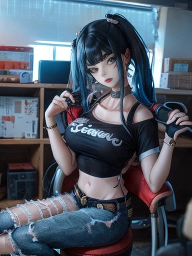 Woman with black and blue hair and defined face, defined eyes, dressed in urban clothing black blouse with jeans and holding guns in both hands sitting on a chair in the park, Body photography. 