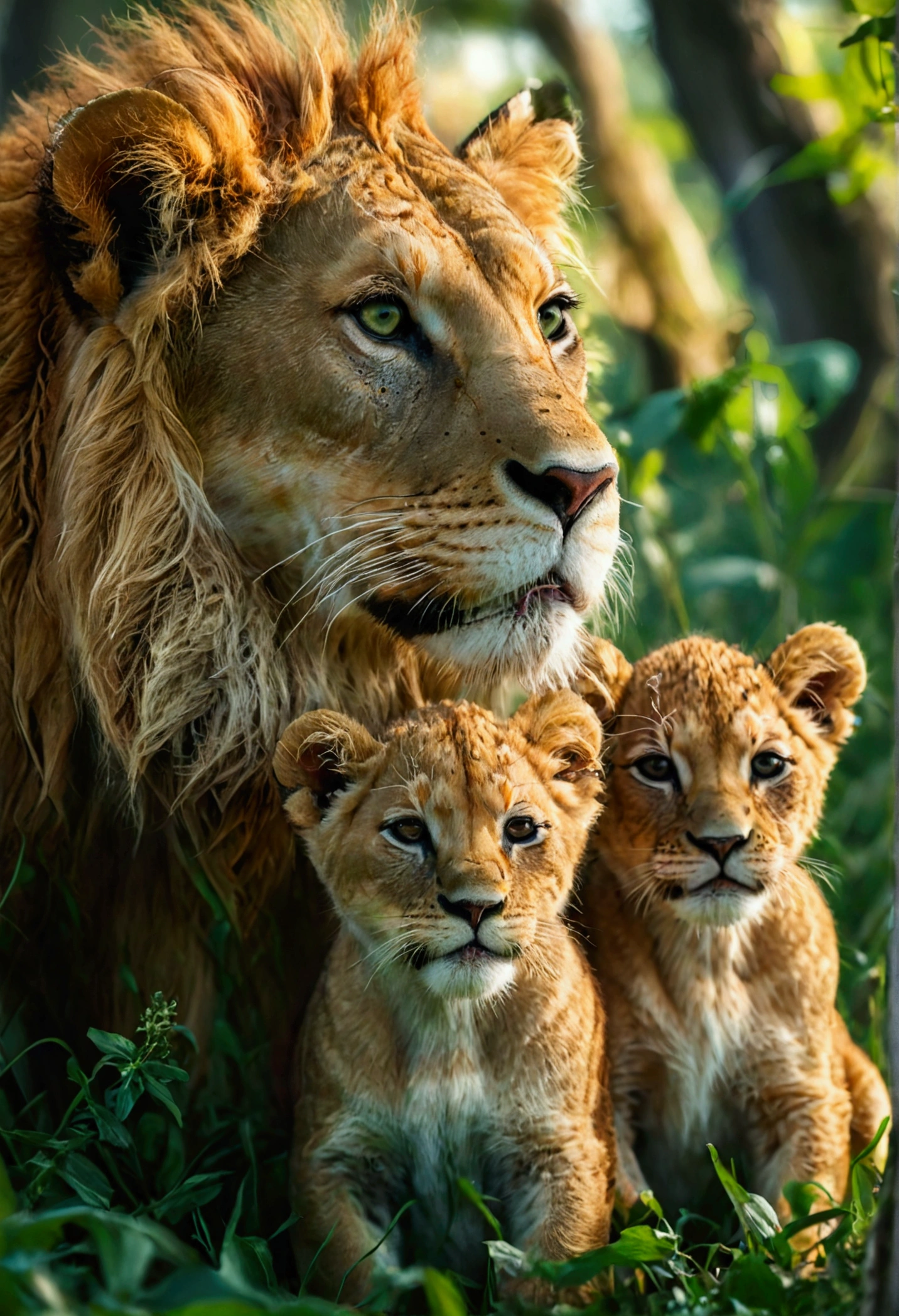 a lioness and her cub in a lush green field with trees and a lake, beautiful detailed eyes, beautiful detailed lips, extremely detailed eyes and face, long eyelashes, highly detailed, photorealistic, 8k, masterpiece, cinematic lighting, vibrant colors, natural scenery