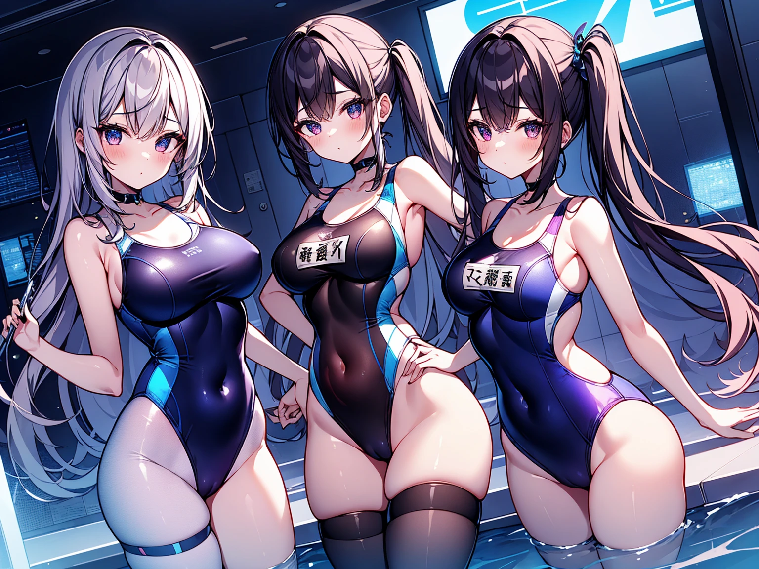 swimsuit 3girls, cyber world, hologram,　School swimsuit, cyber world, Hologram, SF, gleaming, glamourous, glossy skin