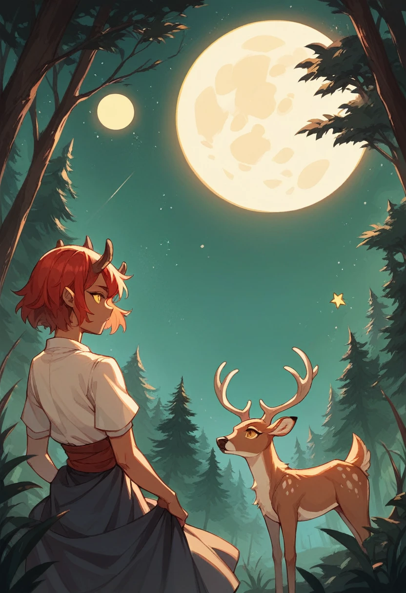 Woman, short red hair, deer horns, yellow eyes, looking at the stars, forest, fullmoon