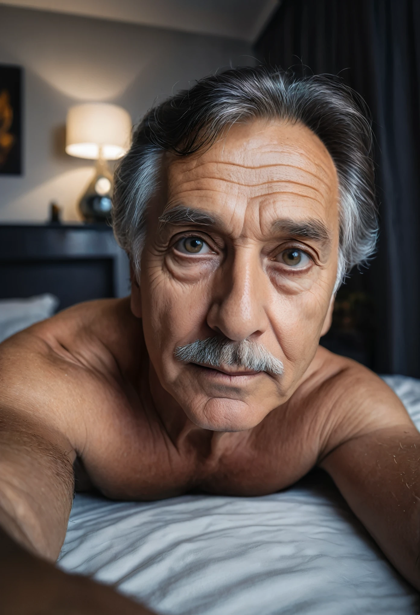 8k, selfie live detailed eyes, realistic, best quality, 65yrs old man laying on back, focusing the camera, dark hair, with a backdrop of nice bedroom apartment
undefined, undefined,