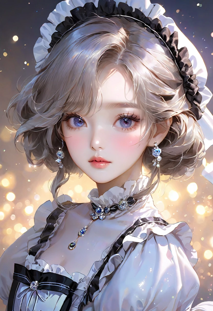 Korean glitter eye makeup for a beautiful girl in a maid outfit. Mature and beautiful. A masterpiece.