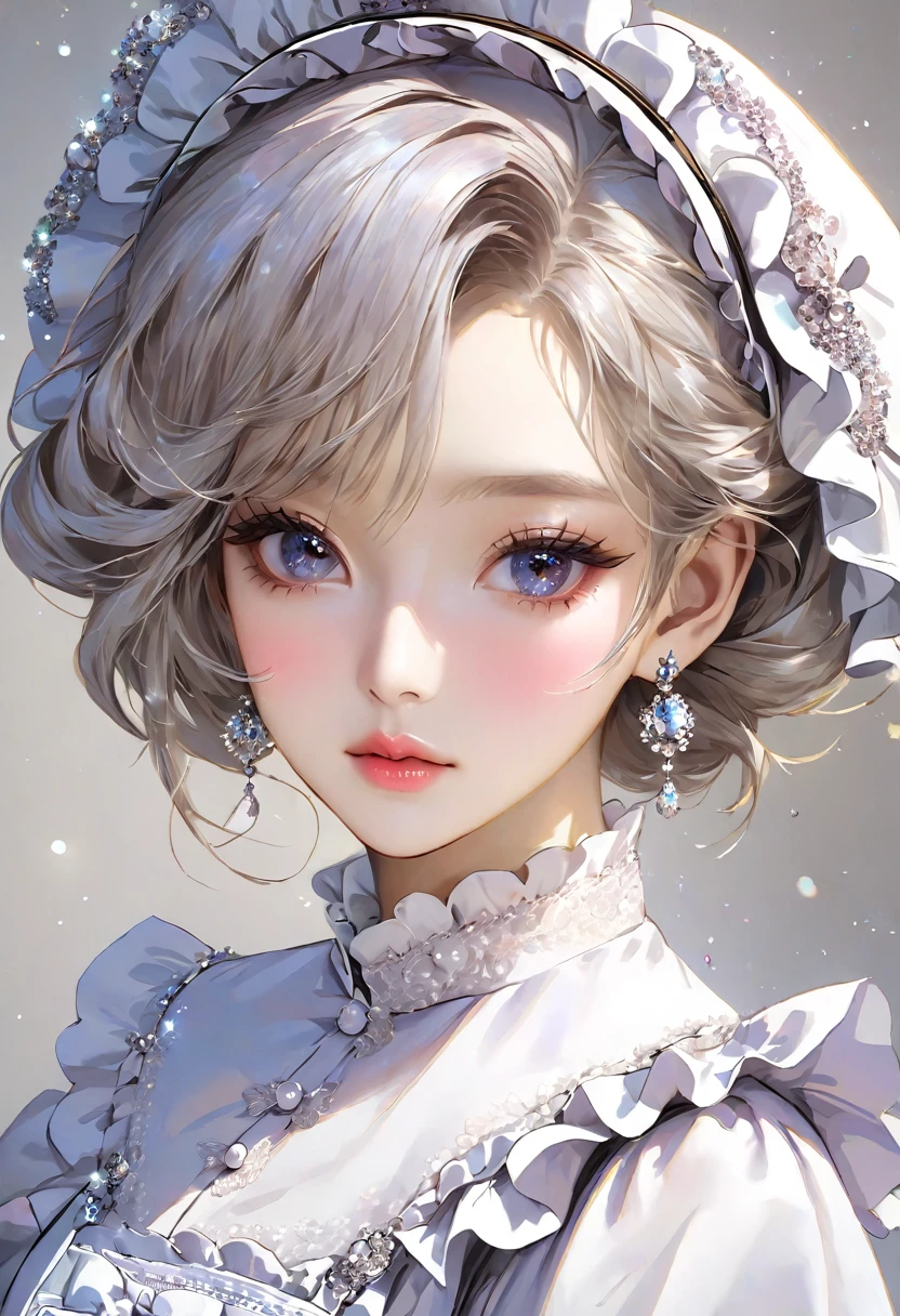 Korean glitter eye makeup for a beautiful girl in a maid outfit. Mature and beautiful. A masterpiece. 