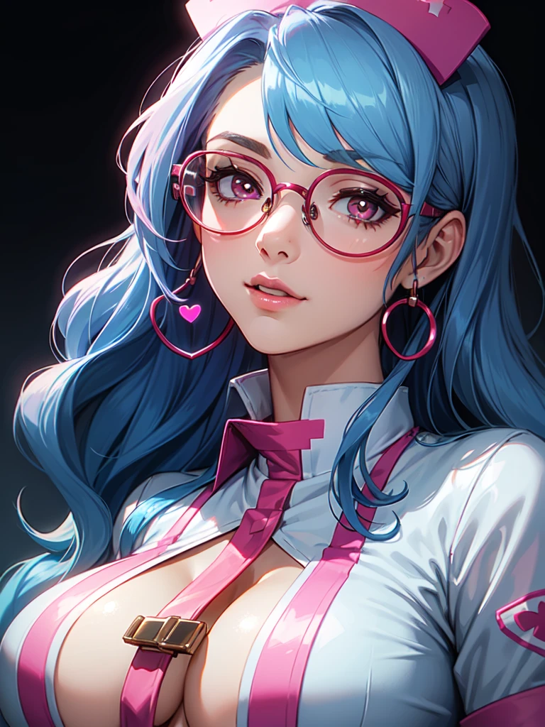 (((Portrait Photo))), She has the Appearance of a Caring and Professional Young Nurse, with a Voluptuous Figure that Radiates Kindness and Competence. Her Long, Wavy Blue Hair is Elegantly Styled, Falling Gracefully Over Her Shoulders and Framing Her Gentle Face. Her Large, Red Eyes, Enhanced by Glasses, Reflect a Deep Compassion and Warmth, Inviting Trust and Comfort. Her Expression is Soft and Understanding, with a Hint of a Smile that Conveys Reassurance and Dedication. (((Portrait Photo))), (((Dark Background))), (((Sexy Pink Nurse's Uniform Accentuates Her Curves))), (((Heart-shaped Pupils))), (((Long Wavy Blue Hair))), (((Circular Glasses)))