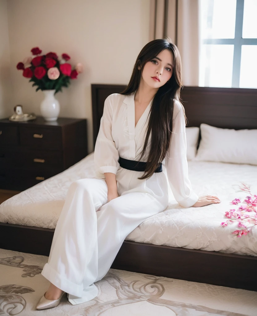 expensive Long Hair glamorous masochist、Bedroom、Sitting on the bed in a submissive pose、シースルーキャミソール、ヌード