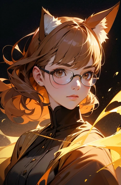 A work of art of the highest quality, presenting a girl with unique and striking characteristics. She has long, curly light brown hair., and wear glasses that complement your face. Your cat ears are delicate and realistic, adding a touch of fantasy to your appearance. Your golden eyes are beautiful and expressive, but your face shows no emotion, maintaining a neutral and intriguing expression.She is dressed in a dark brown Lolita dress, richly detailed and stylized, that contrasts with your hair and eyes. The image is a half-length shot, capturing details of the dress and your facial expression accurately.Lighting is done with studio light, ensuring exceptional clarity and sharpness, and the image is rendered in 4k HDR for maximum visual quality. The scene should include a strong fire that adds a dramatic and dynamic element, with meticulously crafted CG details. External lighting should highlight the texture and details of the dress, cat hair and ears, Creating a visually stunning composition.The artwork must be highly detailed, with each element clearly defined and well lit, providing a captivating and unforgettable image.Make sure every aspect is meticulously detailed (1.2), from your exquisitely drawn face (1.2) to the vibrant gradients and tones that bring the scene to life. His eyes, full of depth and detail (1.2), should draw the viewer in, against a richly detailed background and landscape. Employ a dynamic angle (1.2) and pose (1.2), adhering to the rule of thirds (1.3) and incorporating a strong line of action (1.2) for an eye-catching composition.The photo should capture a wide view, bathed in light , highlighting your solitary, seductive presence and your exposed skin. Render this scene in 8K resolution with HDR