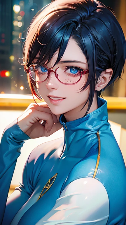 highest quality、Realistic、Women、zoom、Light blue eyes、maroon short hair、freckles、Hero Suit、Glossy white bodysuit、Blue and gold accents、slender、Dark Skin、Glasses、Rooftop、An inappropriate smile、Bust Shot、