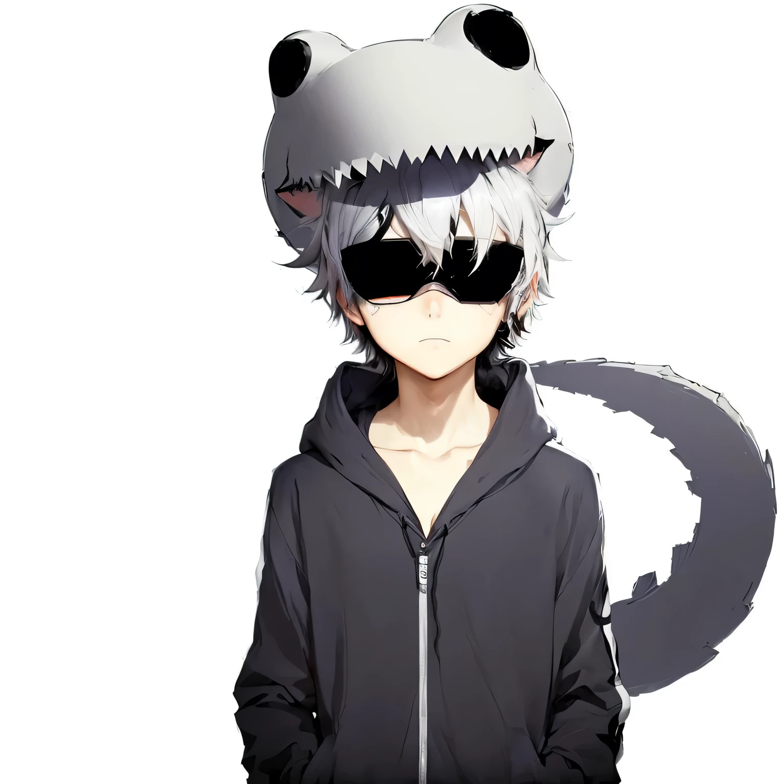 animadas, in black and white, catboy, spectacled, Hoodie, Hoodie, Hoodie, Hoodie, Hoodie, Hoodie, Hoodie, Hood, digital art from danganronpa, 2 d animadas style, jormungand animadas, yoko taro, ken kaneki, he wears an eye patch, best animadas 4k konachan wallpaper, trigger animadas artstyle