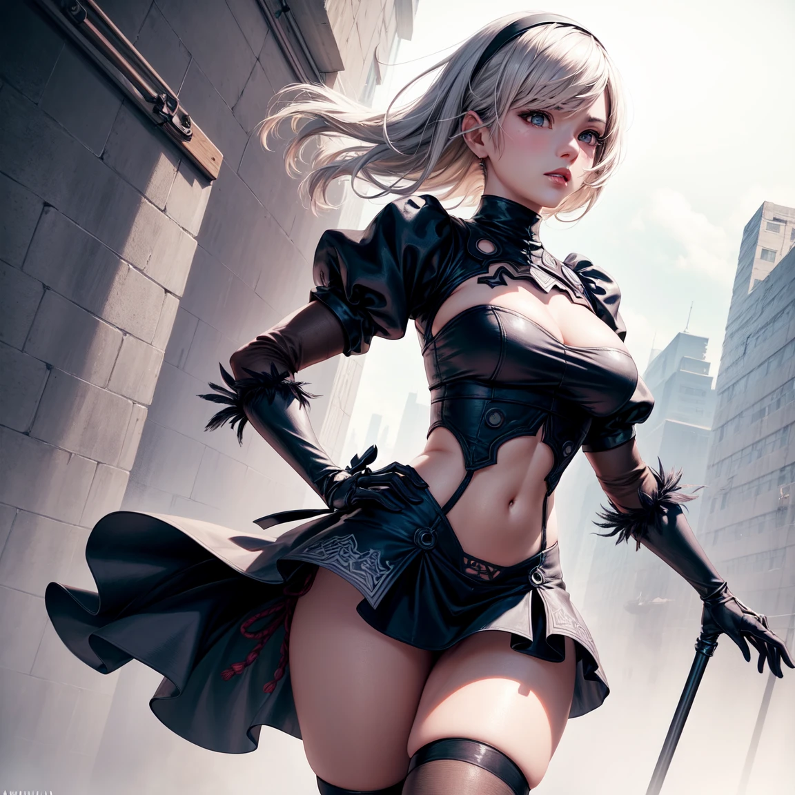 high quality masterpiece, photorealistic anime style, japanese animation shot of an attractive and tiny but rude 2B from Nier Automata video game, sensual atlethic body, firm medium bust, wearing a short mini skirt wide thighs, advanced detailed in her feminine and beatiful face features, cabello mojado, ropa sucia, mundo post-apocaliptico