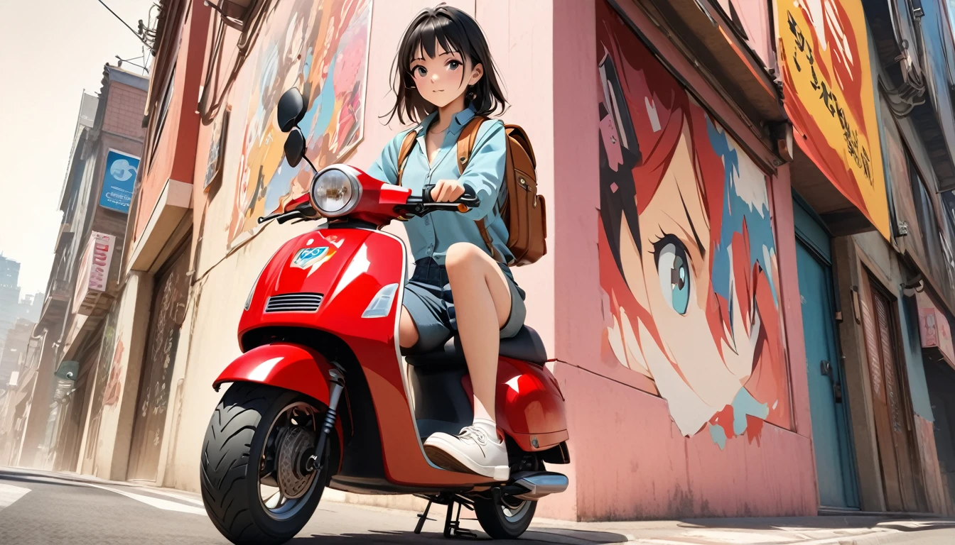 Image of a woman in her twenties riding a red scooter in front of a city, Music album covers, Music Album Art, musical, animeカバー, Music Records, Akira風に, " anime, (masterpiece:1.2), Highest quality,Pixiv,Rebellious girl,Portraiture, Fashionable women、whole body、Cartoon of a woman riding a scooter with a backpack, Moped, 日常生活anime, FLCL, 80年代animeスタイル, 日本のanimeーションスタイル, :14 FLCL + Akira, FLCL cover, Scrape Delivery Service, riding on the Moped scooter, 3D Characters,(whole body:1.2),Simple Background, masterpiece,Highest quality,(Light cream gradient background:1.1)