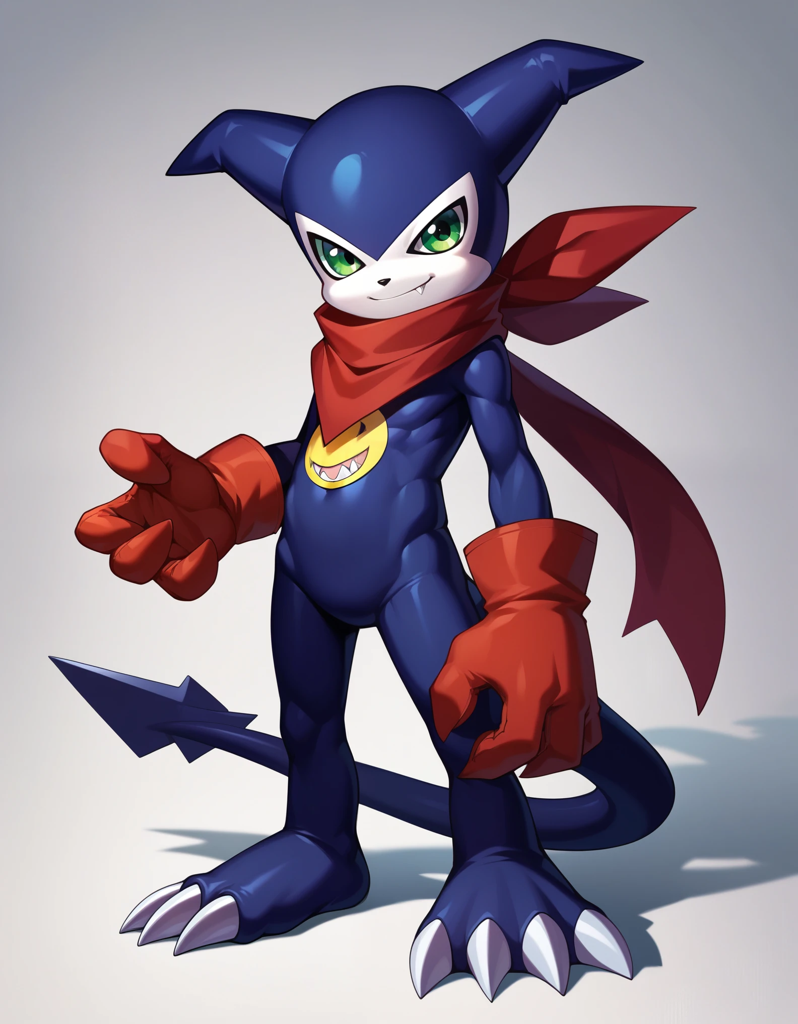 score_9, score_8_up, score_7_up, source_anime, impmon, 1boy, solo, digimon (creature), no humans, full view, green eyes, tail, gloves, claws, red gloves, scarf, standing, looking at viewer