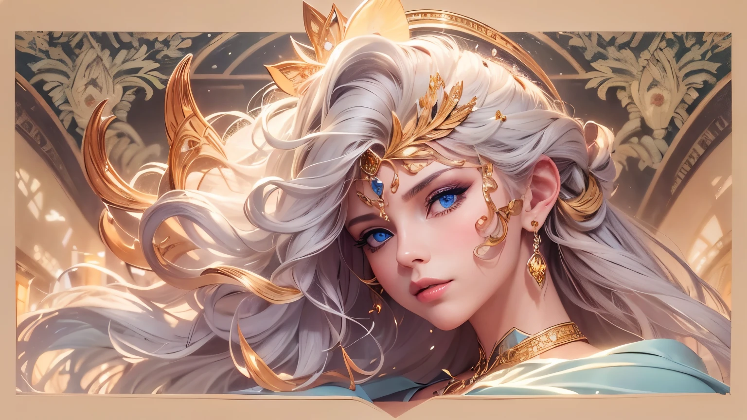 Absurd, ultra-detailed, high quality, masterpiece, detailed face, beautiful eyes(detailed eyes), Greek mythology, Goddess, Hera , the queen of the gods, striking and captivating, features are classically beautiful, with high cheekbones, a perfectly proportioned face, eyes depicted as large and captivating, hold an intense gaze, golden hair , Gole hair is luxuriant and flowing, cascading down her back in waves , wearing elegant robes adorned with intricate patterns , Her beauty is not merely superficial but embodies the essence of power, authority, and regality.