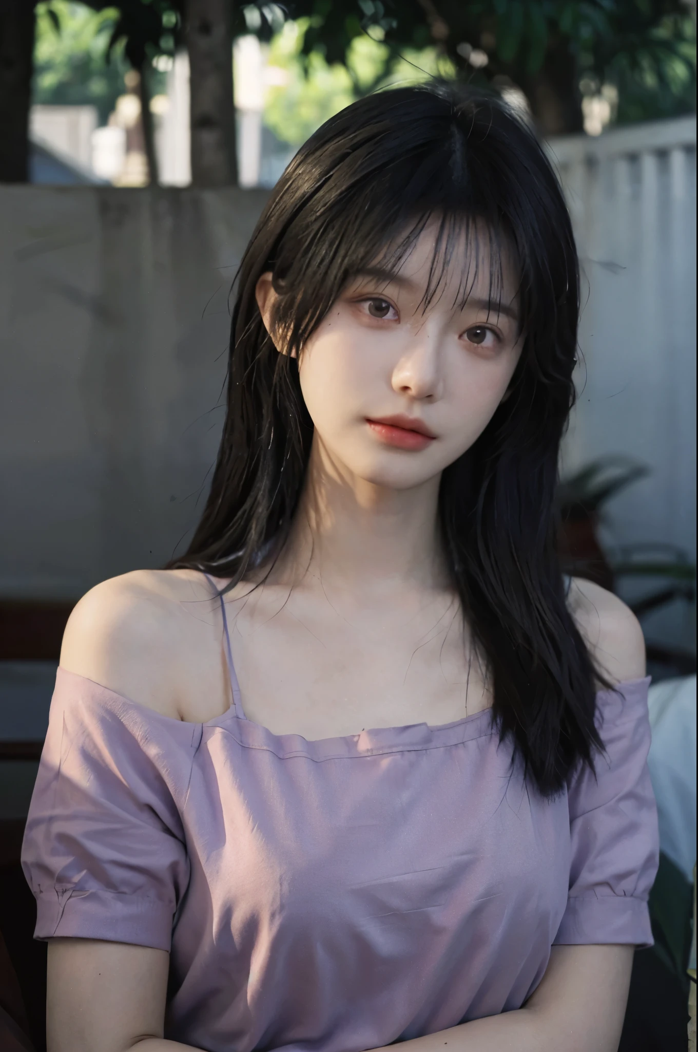 Portrait photography，1 girl，Bare shoulders，Lipstick，Purple short sleeves，(:1.4），Purple sunlight，(sunglasses：1.4），Shoulder-length straight hair，serene，calm，(Realistic and detailed eyes，Natural skin texture，逼真的面部detail)，Soft dramatic lighting，Depth of Field，散景生动的detail，detail，Surrealism，35mm film，
