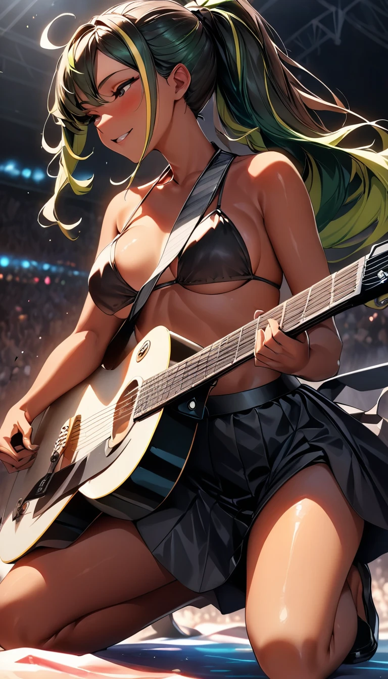(highest quality:1.2, Very detailed, up to date, Vibrant, Ultra-high resolution, High Contrast, masterpiece:1.2, highest quality, Best aesthetics), Portraiture、girl、stage、performance、Rock Music、Bright colors、Beautiful fine details、Beautiful lip detail、long hair、ponytail, white and yellow green ((streaked hair:1.6)), highlights hair: 1.5, medium breast, (tan skin:1.1), Music band、Concert Light、Edgy Style、(black Skirt-style-bikini:1.5)、loose fit, ((playing the guitar:1.5), kneeling, arched back:1.8)), (leaning back:1.4), (right hand up:1), dynamic pose、Dynamic Movement、hypnotic sounds、Stadium、amplifier、Loud music、Electric guiter、Gibson Les-Paul, The presence of an attractive stage、 Expressive gestures、Rock star aura、An exciting atmosphere、An unforgettable show, (cowboy shot)
