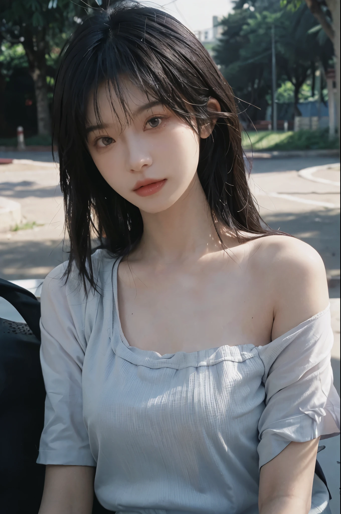 Portrait photography，1 girl，Bare shoulders，Lipstick，Purple short sleeves，(:1.4），Purple sunlight，(sunglasses：1.4），Shoulder-length straight hair，serene，calm，(Realistic and detailed eyes，Natural skin texture，逼真的面部detail)，Soft dramatic lighting，Depth of Field，散景生动的detail，detail，Surrealism，35mm film，