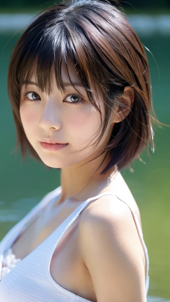 Japanese women、Clothes that do not expose skin、summer、river、Close-up of face and chest、short hair
