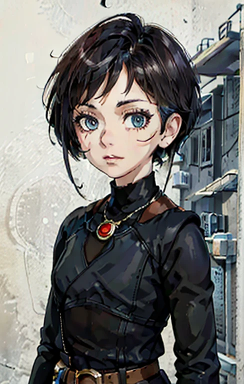 (high-quality, breathtaking),(expressive eyes, perfect face) Symmetrical Eyes, portrait, Star Wars Universe, 1girl, female, adult, mechanic, punk jacket, shirt, short sleeved, gloves, pants, belt, wrench, crystals, messy hair, black hair color, brown eye color, short hair length, stylized hairstyle, pixie haircut, tall, technician outfit, engineer, sci fi workshop background, work bench, tools, mature, narrow eyes, dog tag necklaces, soft smile, soft eyelashes, age 28
