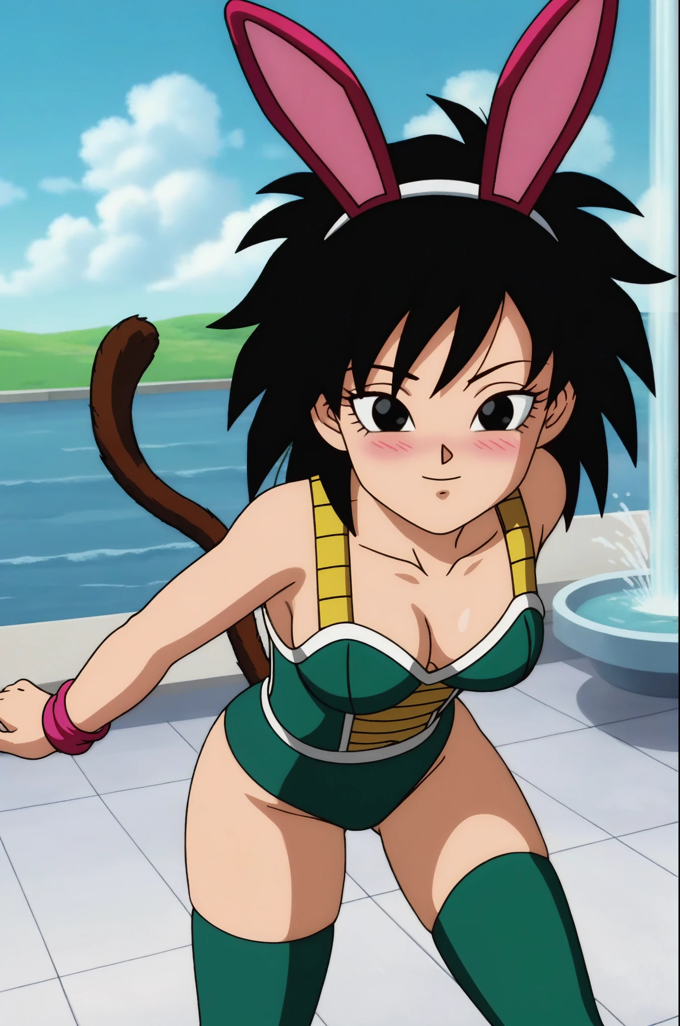 fountain_cheered up, score_9,score_8_above, score_7_above, gineDb, cheered up screencap,
outdoors, sky, day, 1 girl, Alone, looking at the viewer, short hair, Detailed nose, Closed mouth, medium old, aboveper body, blush, lightning, 1990s \(Style\), black eyes, hands, above, eyelashes, hands above, half closed eyes, happy, spiky hair, Eyebrows, v-shaped Eyebrows, black sexy elegant clothes, sexy green stockings for legs, bunny ears decoration, medium tits, bouncing, medium ass, sexy, Wide hips, whole body, monkey's tail