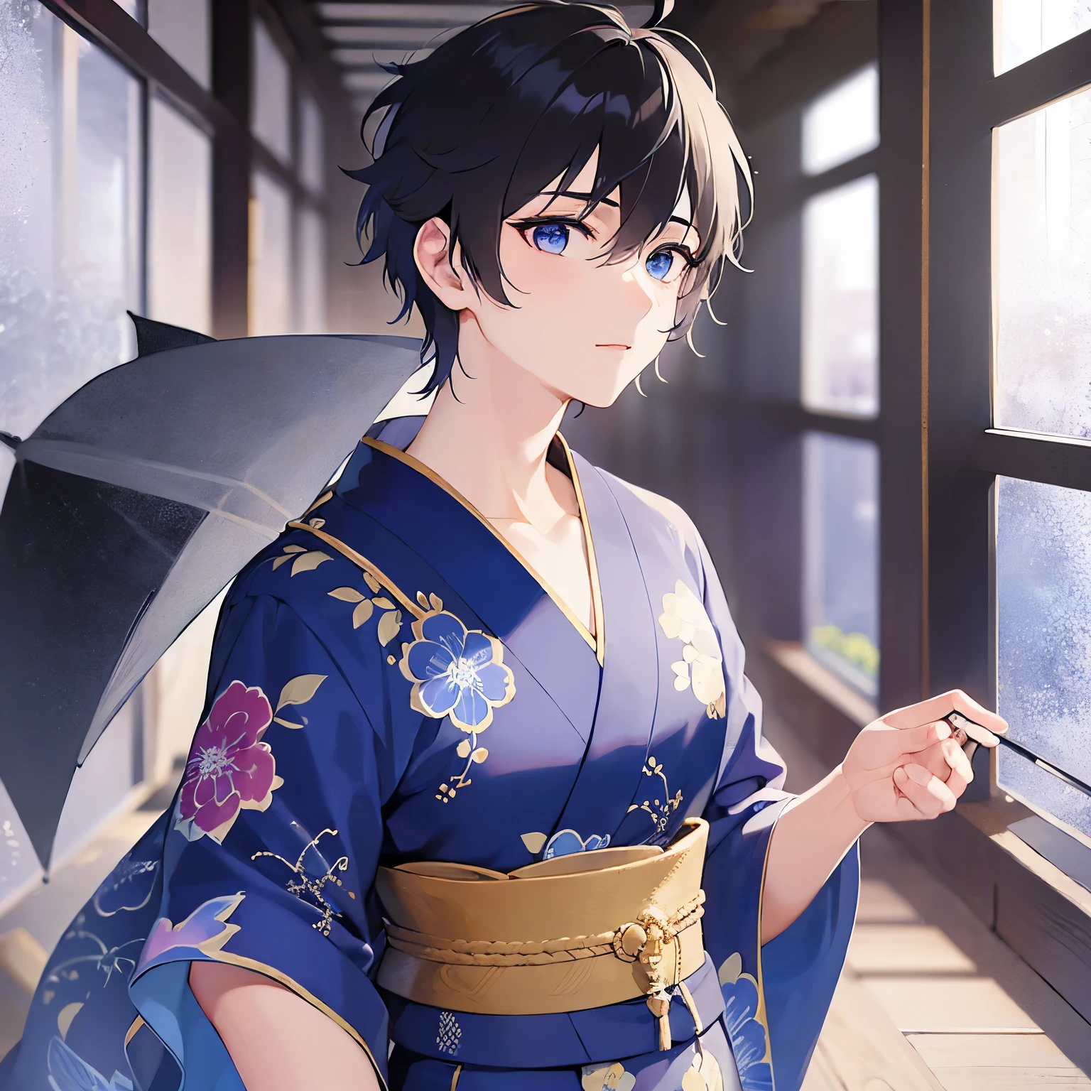(25-year-old male:1.5) and(Black short hair) and (blue eyes), (looking away:1.5), upper body、open hannds, masterpiece、Highest quality、 (Blue) and (yukata),open moouth,blush,The background is a Japanese-style corridor,