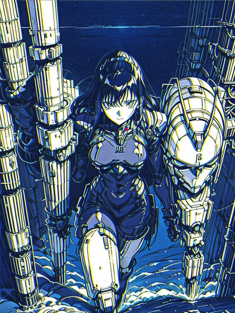 From below,Anime style illustration of a woman carrying a suitcase on a space station, Girl in broken mech cyber armor, Cyberpunk Anime Girl Mecha, perfect Anime Cyborg woman, Ghost in the Shell&#39;s Art Style, Anime Cyborg, Git anime, Git, A mix of anime robots and organic matter, Digital Cyberpunk - Anime Art, ghost in the shell style, Cyborg Girl, Armor is broken,My chest is sticking out,I can see your pants,