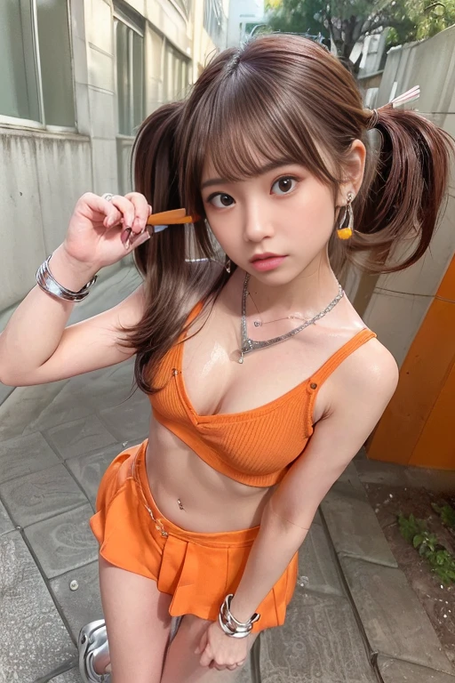 (Eye Focus:1. 3),8K,RAW Portrait,Model Pose,Sharp Focus,Realistic,Ultra High Resolution,Top Quality,(Natural Skin Texture,Fine Skin,Ultra Realistic,Ultra Sharp),(Correct Human Body,Perfect Image Realism,Perfect Anatomy),(Beautiful Elaborate Face,Beautiful Facial Lines ),(left-right balance),(intricate detail, depth of drawn borders, random sexy poses,(((one japanese girl))), (22 yrs old:1.5), (Cute Japanese Idols),college student studying art, (make-up face), glossy lips, well groomed eyebrows, (Glossy ash brown hair color, twin-tail hairstyle:1.8), model figure, slim figure, ((small breasts,flat chest))), (protruding nipples),((nipples visible:1.5, clean nipples)),(bright, energetic, friendly student enjoying campus life:1.2), loose socks, baggy socks, colorful sneakers, bright orange panties, thin panties ,(wearing colorful earrings, multiple necklaces, necklace with bright orange charms, Bold silver bangle, many accessories:1.5), idol Sculpture,