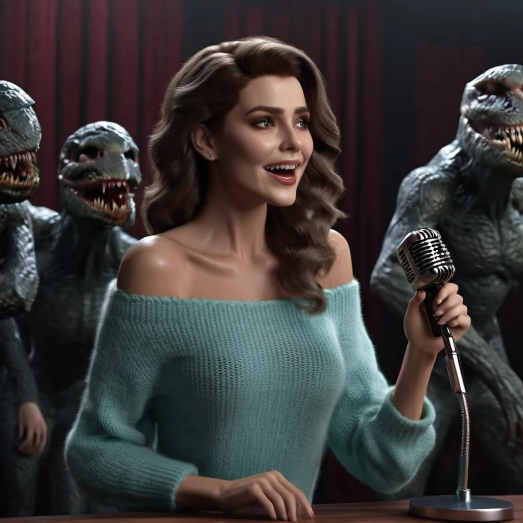 horrific horror movie monsters gathered around a microphone to record a chorus of voices((best quality)), ((masterpiece)), (detailed), 1girl, off-shoulder sweater,