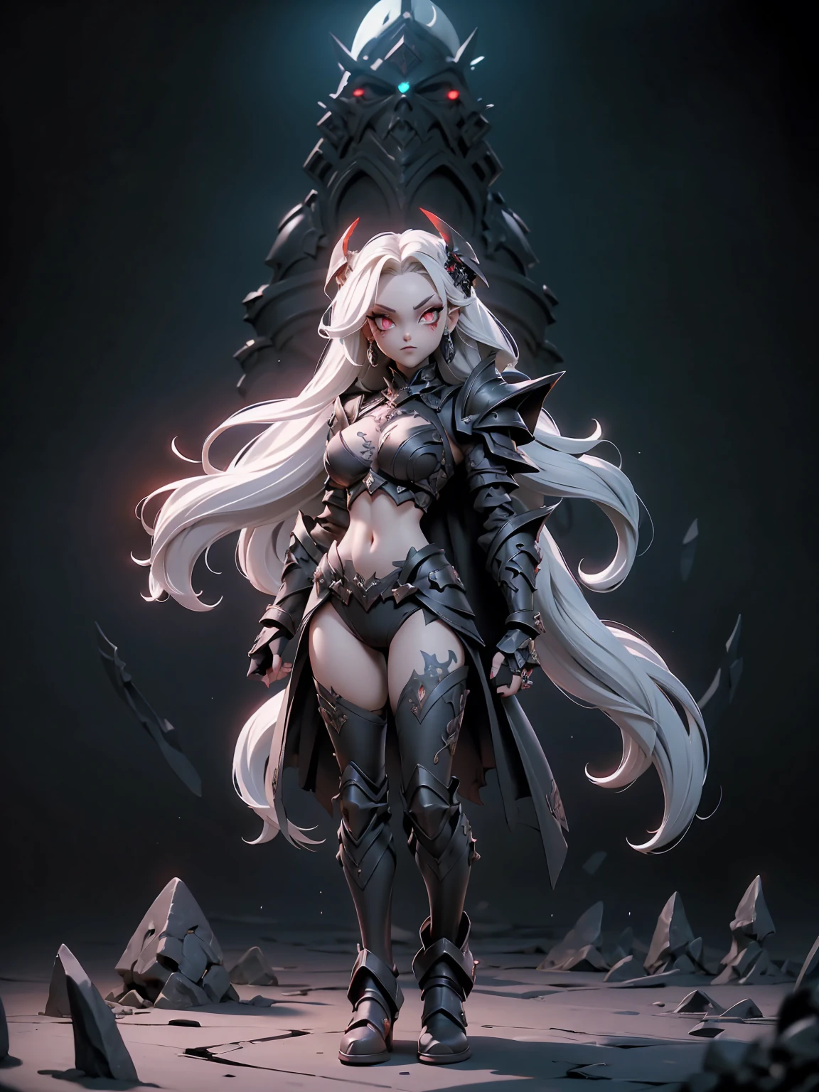 queen power armor , (gothic style), full body view , bellybutton, The most beautiful and sexy demon goddess, long white hair, glowing red eyes, wearing detailed black gothic battle armor, black angel wings, tattoos and piercings, gothic castle, perfect masterpiece, high quality, high resolution