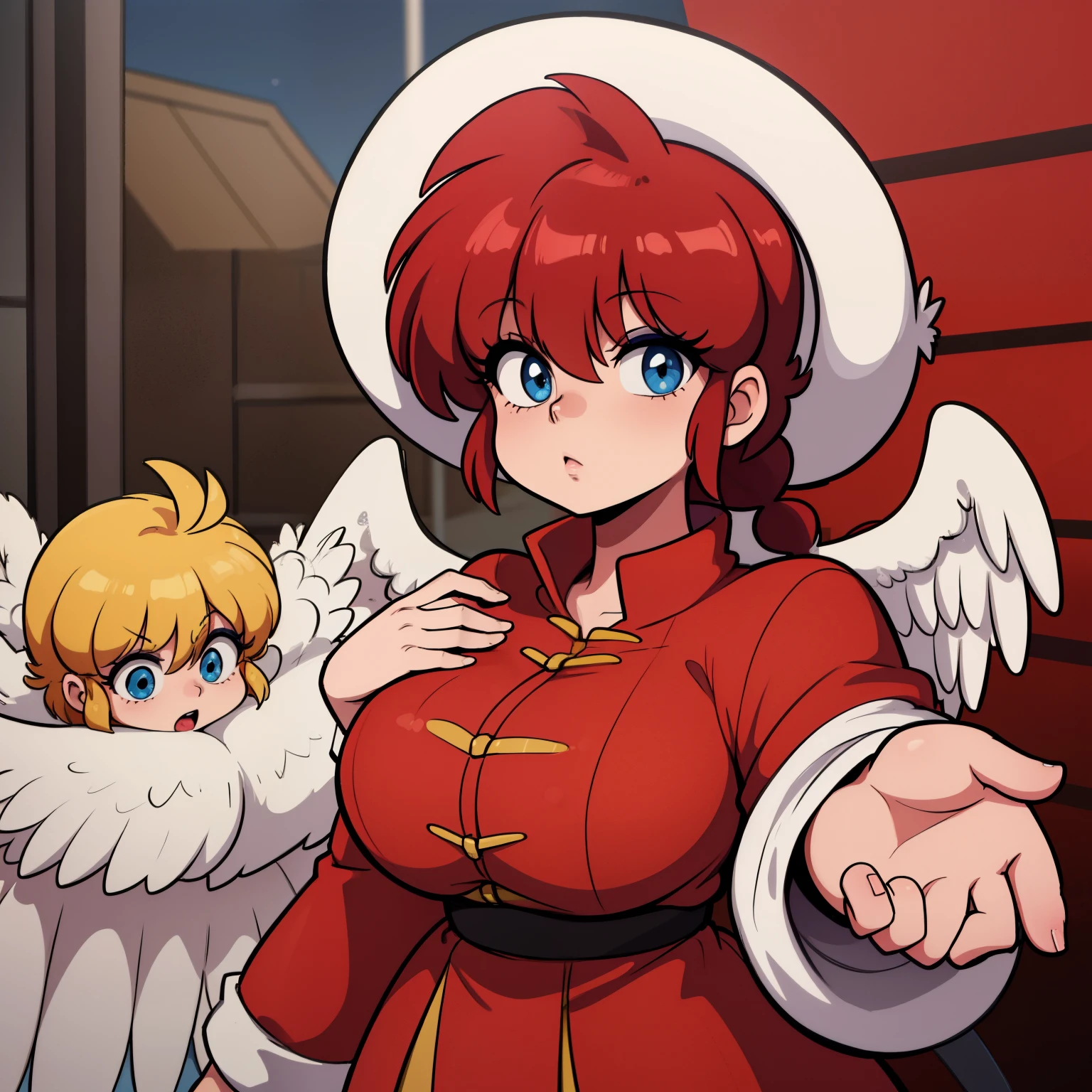 Ranmachan, Red hair, Braided hair, blue eyes, detailed eyes, angel, Angel wings, golden oreola, Angel wings,