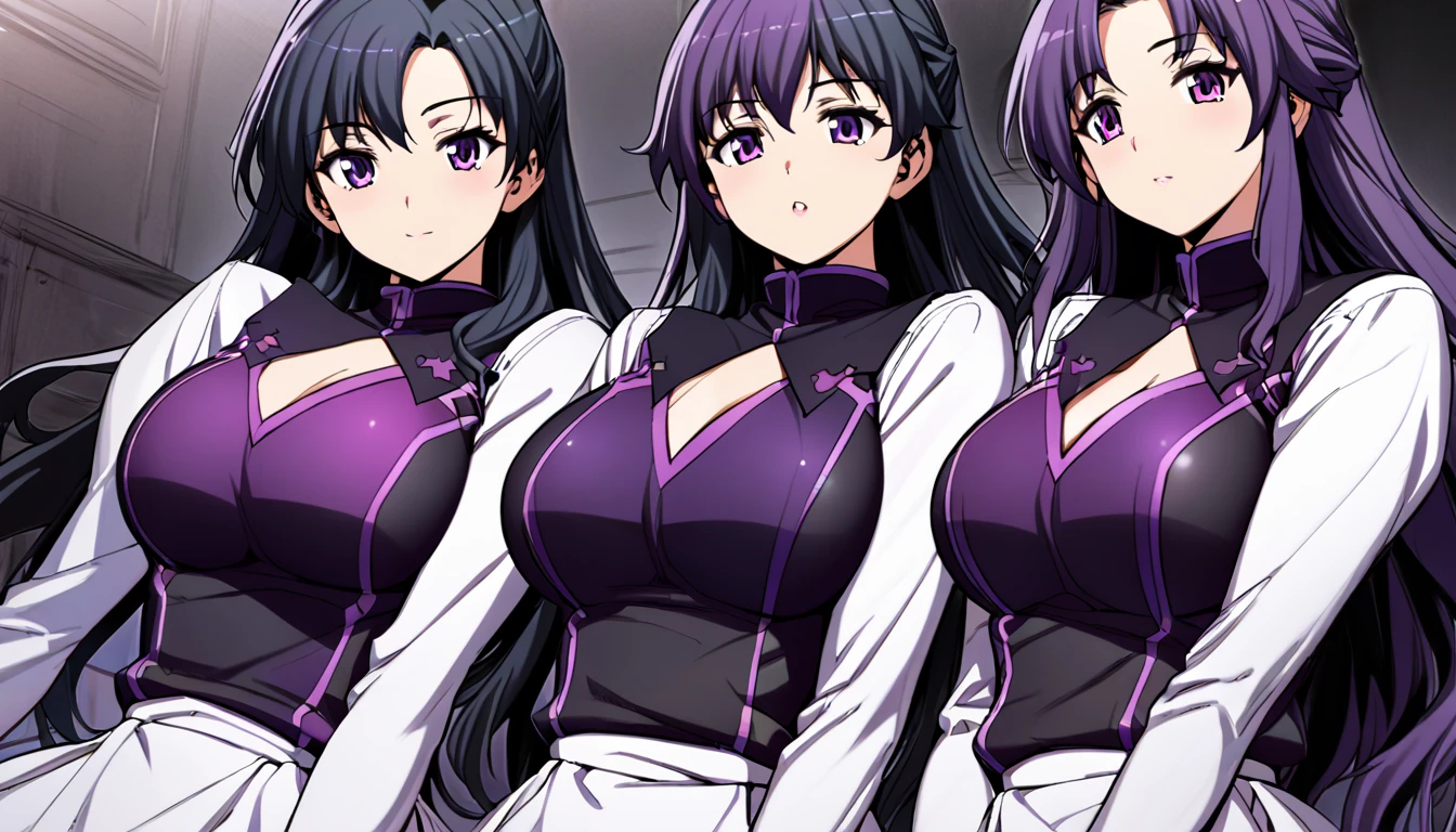 High detailed, 3 girls, matching hairstyles, matching uniforms, matching sizes,  violet eyes, purple tones colored hair, wavy long hair, busty, chunky body, yellow genetics's uniform, Juliet sleeves,  deep cleavage, white skirt, genetics's uniform, juliet sleeves, genetics's uniform, posing together