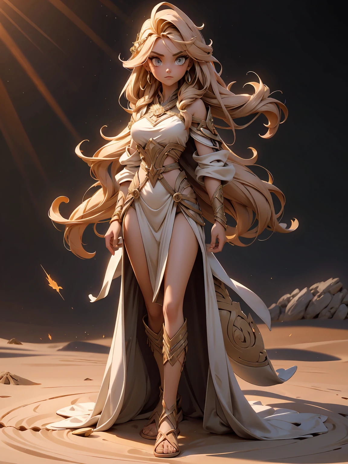 ((full body shot)) of a girl in flowing, sand-colored robes with intricate patterns, standing in a vast, sunlit desert. She has long, windswept auburn hair and piercing, amber eyes. Her skin is tanned and adorned with tribal markings and jewelry. She holds a staff made of polished bone and adorned with feathers and stones. The atmosphere is {harsh|mystical}, with the sun casting long shadows across the dunes. The ground beneath her is golden sand, shifting and reflecting the intense sunlight, adding to the arid ambiance. Surrounding her are swirling dust devils and mirages in shades of {gold|orange}, casting a shimmering, desert glow. The background features distant, towering sand dunes and ancient, weathered ruins, hinting at a long-lost civilization. The scene is stark and enchanting, with her face showing a wise yet fierce expression, her eyes focused intently on her journey.

[Best quality], [Masterpiece], [Ultra-detailed], [4k], {harsh|mystical} atmosphere, sunlit desert, {dynamic pose|stoic pose}, sunlight illumination, {soft shadows|dramatic lighting}, {reflected light on sand:0.7}, {swirling dust:0.6}, {mirages:0.5}, {ancient ruins:0.4}, {towering dunes:0.3}.