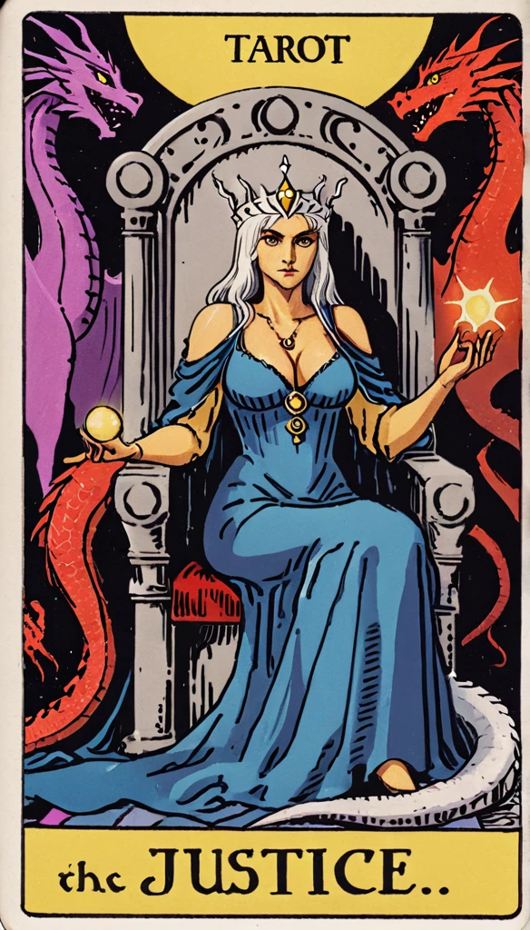 (Tarot Card:1.4)(best quality,8k,highres, masterpiece: 1.2) Work of art, best qualityer, tarot cards: the justice: A regal queen with silver hair, sitting on the throne, young woman, violet eyes, wearing a blue and gold dress, busty cleavage, a dragon perched on her shoulder, "Mother of Dragons" text, symbolism, tarot carts style frame \(tarot\), tarot card style,