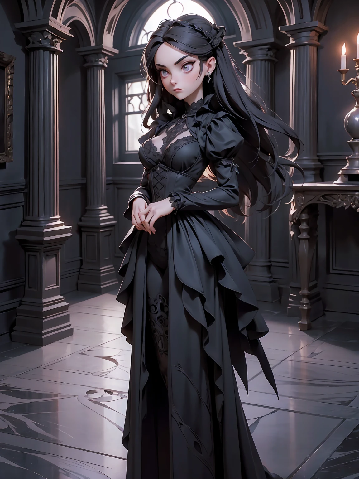 ((full body shot)) of a girl in elegant, dark Victorian-era clothing with intricate lace and velvet, standing in a moonlit, gothic manor. She has long, flowing raven hair and piercing, blood-red eyes. Her skin is pale, almost ethereal, and she wears a jeweled choker. She holds an ornate, silver dagger encrusted with rubies. The atmosphere is {eerie|sophisticated}, with shadows dancing across the room from flickering candelabras. The ground beneath her is covered in rich, dark carpets, reflecting the opulence and adding to the gothic ambiance. Surrounding her are antique furniture and portraits in shades of {black|crimson}, casting a historical, macabre glow. The background features grand, arched windows with heavy curtains and a glimpse of a full moon outside, hinting at a luxurious yet haunted residence. The scene is silent and haunting, with her face showing a calm yet predatory expression, her eyes focused intently on her next move.

[Best quality], [Masterpiece], [Ultra-detailed], [4k], {eerie|sophisticated} atmosphere, gothic manor, {dynamic pose|elegant pose}, moonlit illumination, {soft shadows|dramatic lighting}, {reflected light on carpets:0.7}, {flickering candles:0.6}, {antique furniture:0.5}, {heavy curtains:0.4}, {arched windows:0.3}.