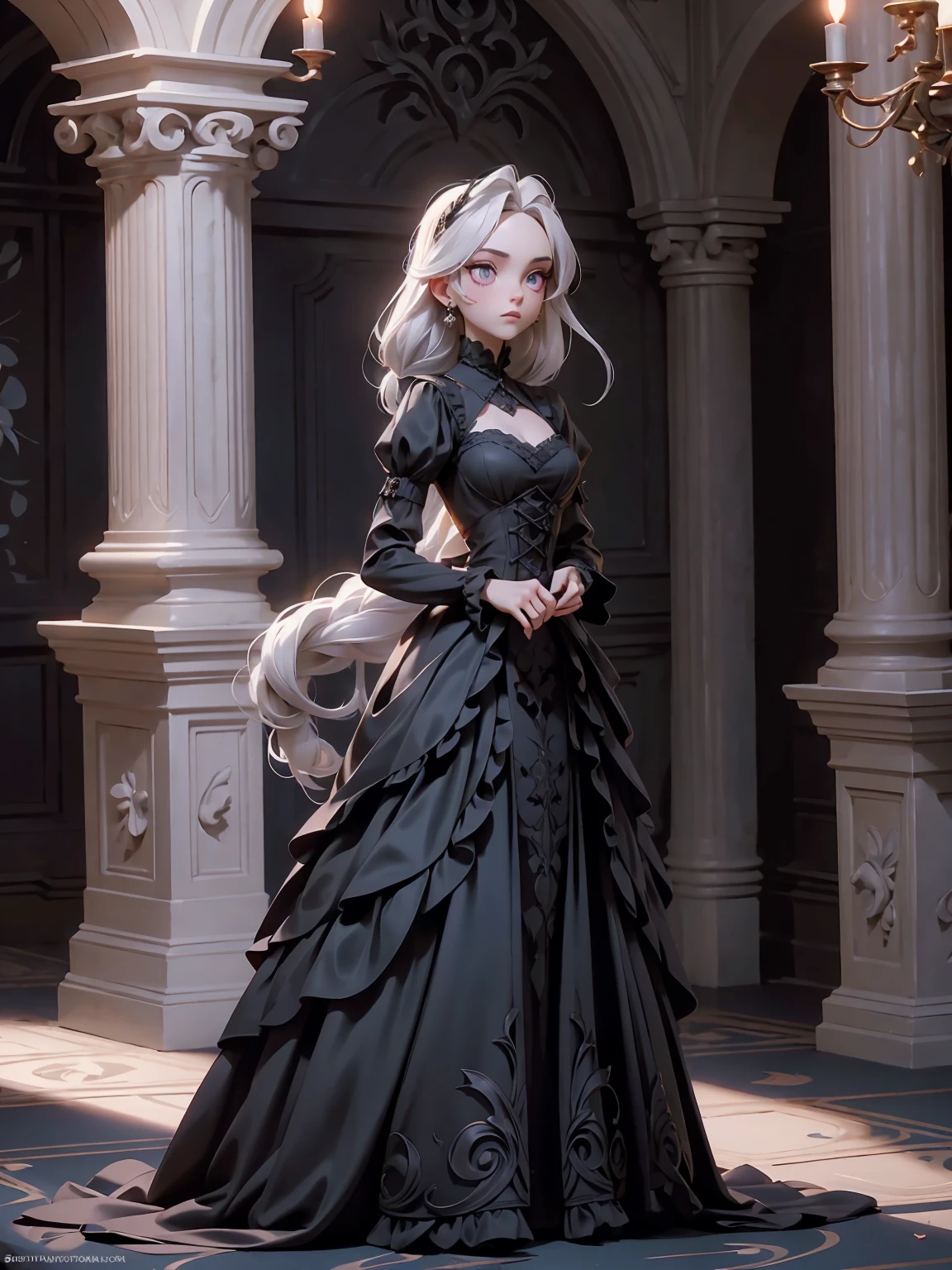 ((full body shot)) of a girl in elegant, dark Victorian-era clothing with intricate lace and velvet, standing in a moonlit, gothic manor. She has long, flowing raven hair and piercing, blood-red eyes. Her skin is pale, almost ethereal, and she wears a jeweled choker. She holds an ornate, silver dagger encrusted with rubies. The atmosphere is {eerie|sophisticated}, with shadows dancing across the room from flickering candelabras. The ground beneath her is covered in rich, dark carpets, reflecting the opulence and adding to the gothic ambiance. Surrounding her are antique furniture and portraits in shades of {black|crimson}, casting a historical, macabre glow. The background features grand, arched windows with heavy curtains and a glimpse of a full moon outside, hinting at a luxurious yet haunted residence. The scene is silent and haunting, with her face showing a calm yet predatory expression, her eyes focused intently on her next move.

[Best quality], [Masterpiece], [Ultra-detailed], [4k], {eerie|sophisticated} atmosphere, gothic manor, {dynamic pose|elegant pose}, moonlit illumination, {soft shadows|dramatic lighting}, {reflected light on carpets:0.7}, {flickering candles:0.6}, {antique furniture:0.5}, {heavy curtains:0.4}, {arched windows:0.3}.