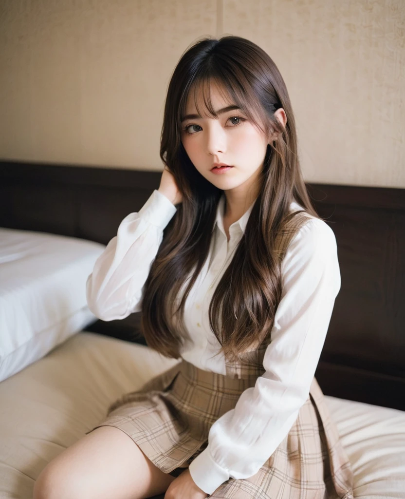 expensive Long Hair glamorous masochist、Bedroom、Sitting on the bed in a submissive pose、シースルーキャミソール、ヌード