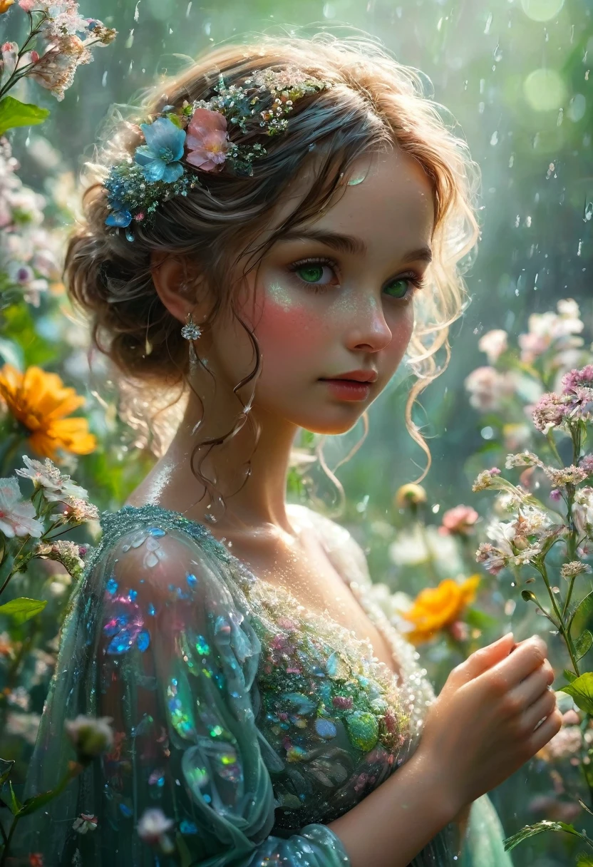 Delicate portrait, enchanted forest background, dynamic pose, Anna Dittmann style, ethereal spirit of a beautiful fairy , happy 5 years old, in the middle of the rain, drops on her face, large iridescent and transparent wings, (((her skin is a delicate black and greenish white ))), in a transparent white floral dress, gracefully adorned with the essence of blooming flowers embroidered in silver threads. Short, curly light brown hair, wildflowers in her hair, holding a cute baby fox close to her face, on a perfect body from the knee up, intertwined with delicate floral details that reflect the colorful flowers around. Her big crystal green eyes, clear and detailed, a touch of magic and mystery, pastel colors, intricate details, fairy tale.