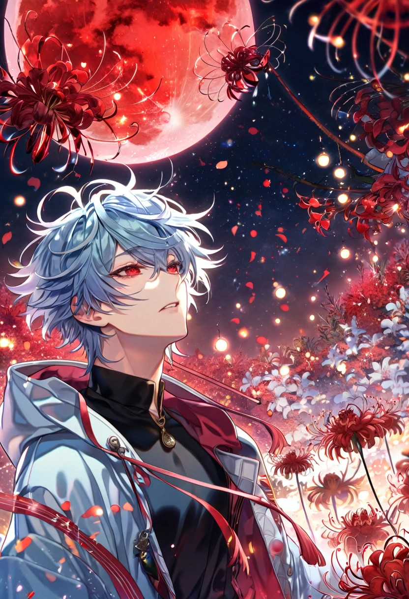 absurdres, highres, ultra detailed, HDR, master piece, best quality, extremely detailed, Kuro, light-blue hair, messy hair, expressive red eyes, Servamp, solo, sexy man, handsome, sensual, light blue hooded coat, black shirt, fantasy, red blood water, sparkling, red glittering fireflies, red moon, red blossoms, red spider lilies, red sparkling lights, starry sky, magical