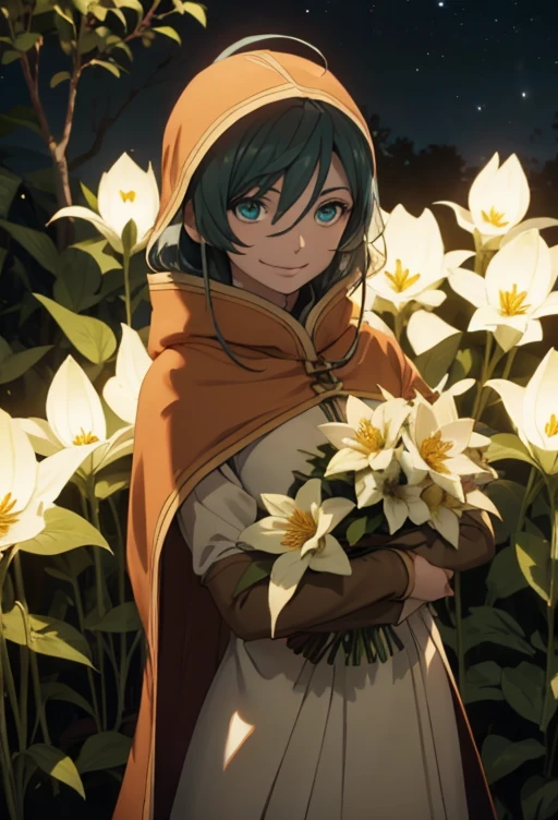 LilyNier, smiling, holding an armful of softly glowing white flowers, night-time