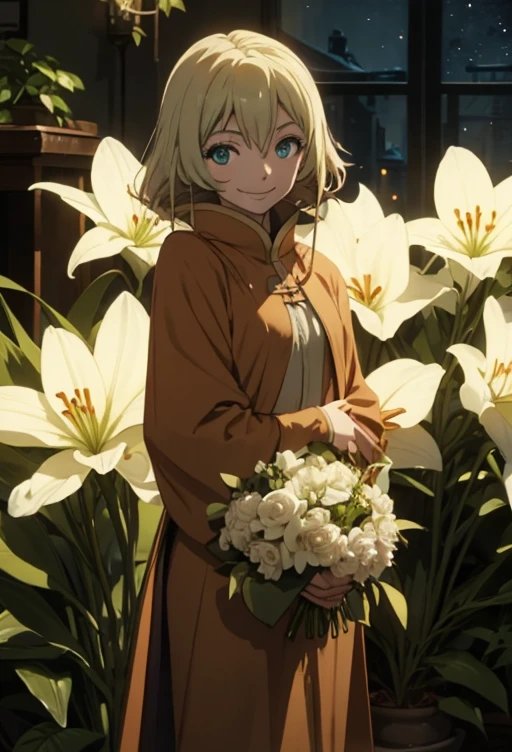 LilyNier, smiling, holding an armful of softly glowing white flowers, night-time