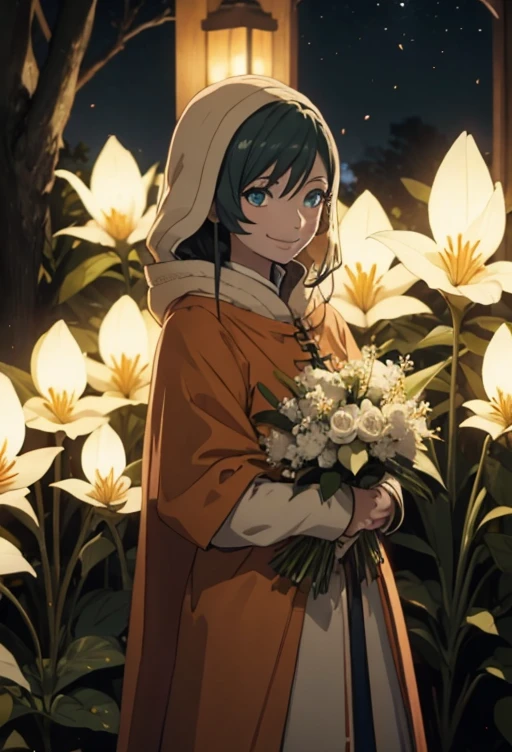 LilyNier, smiling, holding an armful of softly glowing white flowers, night-time