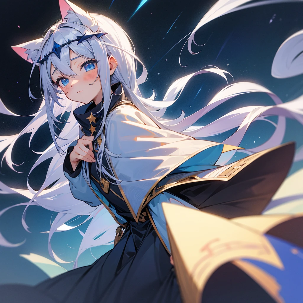 high resolution, Anime Girl,Anatomically correct, Best quality, Long hair, Silver Hair, Cat ear, Blushing, Blue Eyes, Headdress, cute,grace,Starry sky background