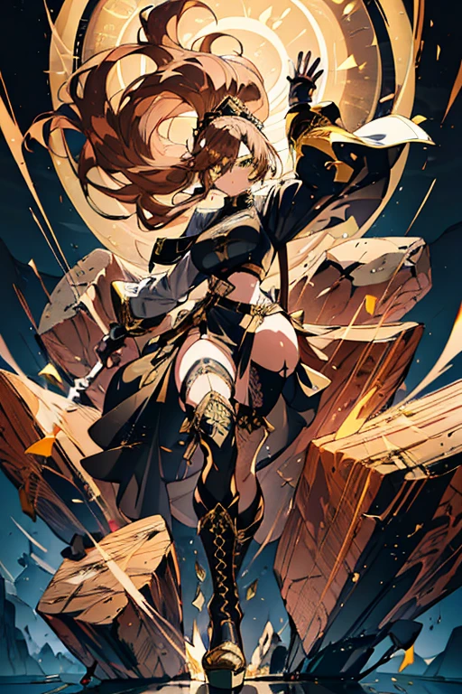 1girl, confident, rosegold hair (long ponytail), yellow eyes, wearing white long sleeve crop top, black lace up maxi dress (leg slit), large brown gauntlets, white and gold boots, floating rocks effect, absurdres, high res, ultra sharp, 8k, masterpiece, looking at viewer, undefined