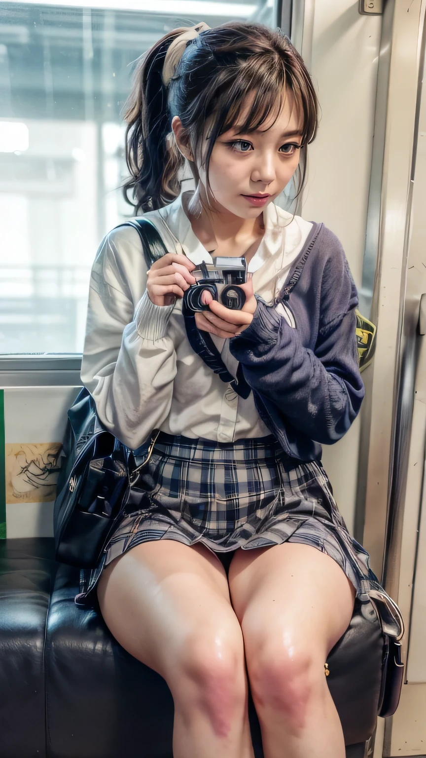(High school girl sitting on a seat in a Japanese train:1.2、Sit in a chair on the train、face to face)、((school uniform、White blouse、(Navy blue checked pleated skirt:1.2)、Navy blue socks、loafers、Detailed white panties)、(Put your sports bag aside、The strap of the bag passes between the chest、paisla:1.5)、(Realistic、Like a photograph、Live Action、8k, Realistic, RAW Photos, Best image quality: 1.4), Single-lens reflex camera、RAW Photos, Highest quality, Realistic, Highly detailed CG Unity 8k wallpaper, Written boundary depth, Cinematic Light, Lens flare, Ray Tracing, Realistic background、((Ultra-Dense Skin))、 16 year old girl after school,Cute Japanese Girl、(whole body:1.5)、Very detailedな顔,avert your eyes:1.1、(Short Ponytail:1.2、My hair is blowing in the wind:1.4)、I like that style、stylish、Very detailed、Pay attention to the details、Perfect outfit、(Sunburned skin)、View from above、Accurate hands、Accurate legs、Detailed hands and fingers、Anatomically correct body、Thin legs、Thin thighs、Large Breasts、Super detailed face