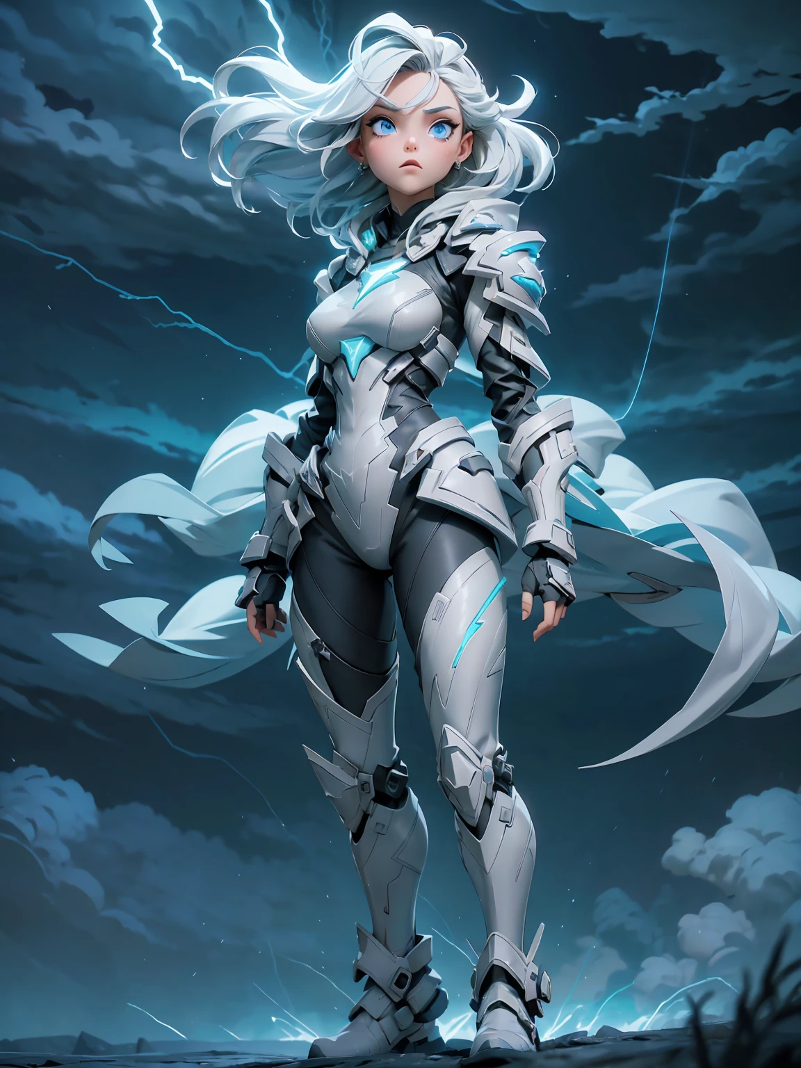 ((full body shot)) of a girl in electrifying, futuristic armor with sleek silver and blue accents, standing in a stormy, electrified sky. She has short, spiky platinum blonde hair and piercing, electric blue eyes. Her skin has a faint, radiant glow, and she is adorned with intricate lightning bolt motifs. She holds a magnificent staff crackling with arcs of lightning, emitting a powerful, electric aura. The atmosphere is {charged|awe-inspiring}, with thunderclouds and bolts of lightning illuminating the scene. The ground beneath her is charged with static electricity, creating a shimmering effect and adding to the electrifying ambiance. Surrounding her are swirling storm clouds and bursts of lightning in shades of {blue|white}, casting a dynamic, electrical glow. The background features towering, swirling storm formations and glimpses of a distant, lightning-lit castle, hinting at a kingdom ruled by thunder and lightning. The scene is intense and majestic, with her face showing a confident yet serene expression, her eyes focused intently on harnessing her power.

[Best quality], [Masterpiece], [Ultra-detailed], [4k], {charged|awe-inspiring} atmosphere, stormy sky, {dynamic pose|commanding pose}, electrified illumination, {soft shadows|dramatic lighting}, {charged ground:0.7}, {swirling storm clouds:0.6}, {bursts of lightning:0.5}, {storm formations:0.4}, {lightning-lit castle:0.3}.