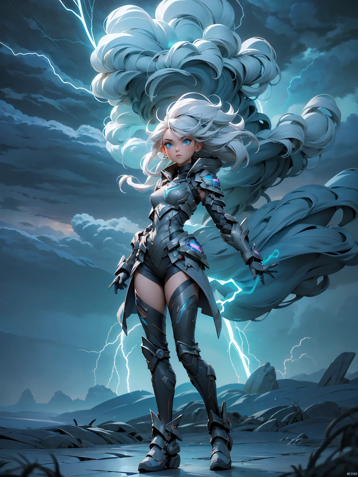 ((full body shot)) of a girl in electrifying, futuristic armor with sleek silver and blue accents, standing in a stormy, electrified sky. She has short, spiky platinum blonde hair and piercing, electric blue eyes. Her skin has a faint, radiant glow, and she is adorned with intricate lightning bolt motifs. She holds a magnificent staff crackling with arcs of lightning, emitting a powerful, electric aura. The atmosphere is {charged|awe-inspiring}, with thunderclouds and bolts of lightning illuminating the scene. The ground beneath her is charged with static electricity, creating a shimmering effect and adding to the electrifying ambiance. Surrounding her are swirling storm clouds and bursts of lightning in shades of {blue|white}, casting a dynamic, electrical glow. The background features towering, swirling storm formations and glimpses of a distant, lightning-lit castle, hinting at a kingdom ruled by thunder and lightning. The scene is intense and majestic, with her face showing a confident yet serene expression, her eyes focused intently on harnessing her power.

[Best quality], [Masterpiece], [Ultra-detailed], [4k], {charged|awe-inspiring} atmosphere, stormy sky, {dynamic pose|commanding pose}, electrified illumination, {soft shadows|dramatic lighting}, {charged ground:0.7}, {swirling storm clouds:0.6}, {bursts of lightning:0.5}, {storm formations:0.4}, {lightning-lit castle:0.3}.